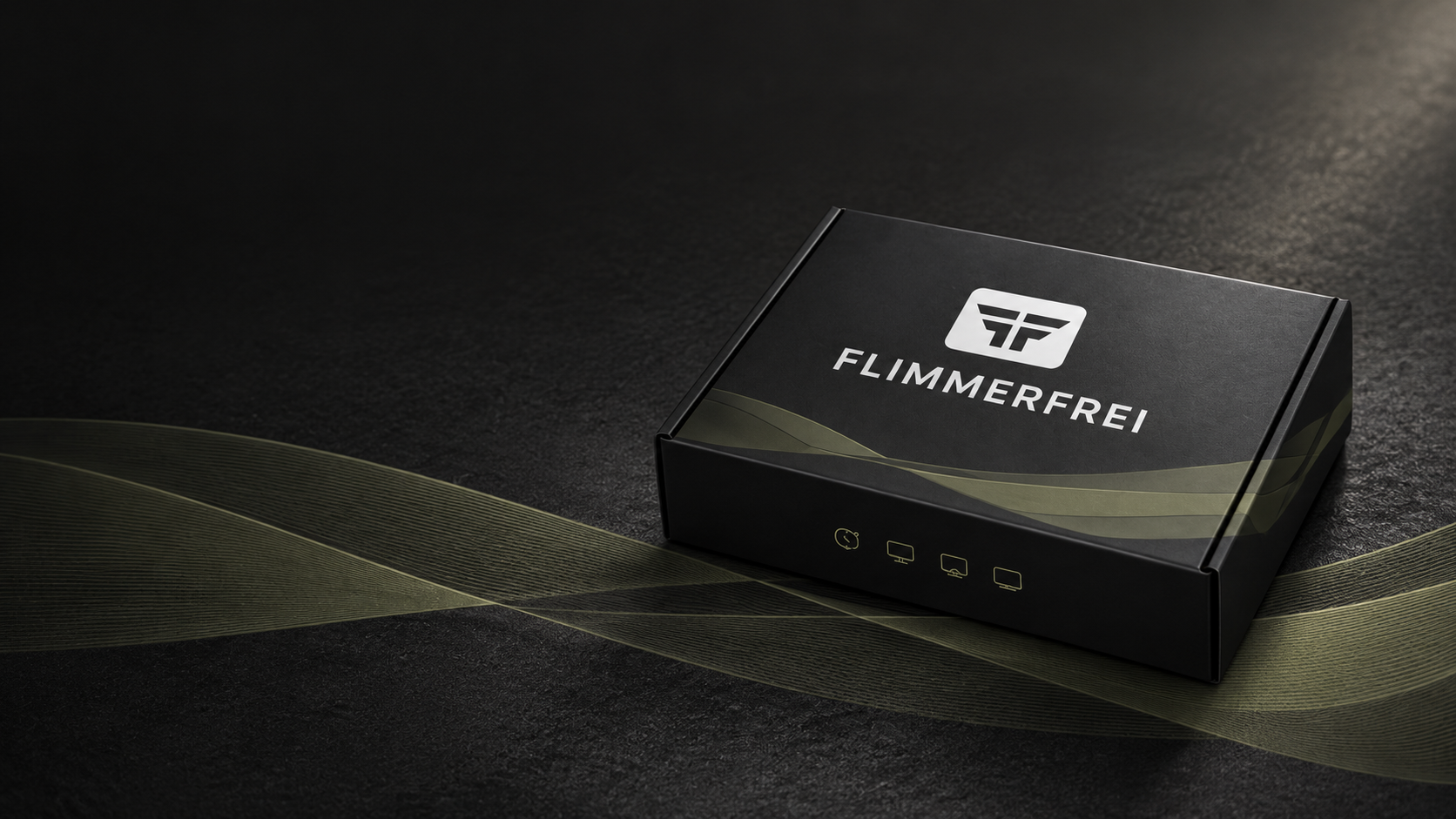 Schwarze Flimmerfrei-Verpackung mit olivfarbenem Wellenmotiv